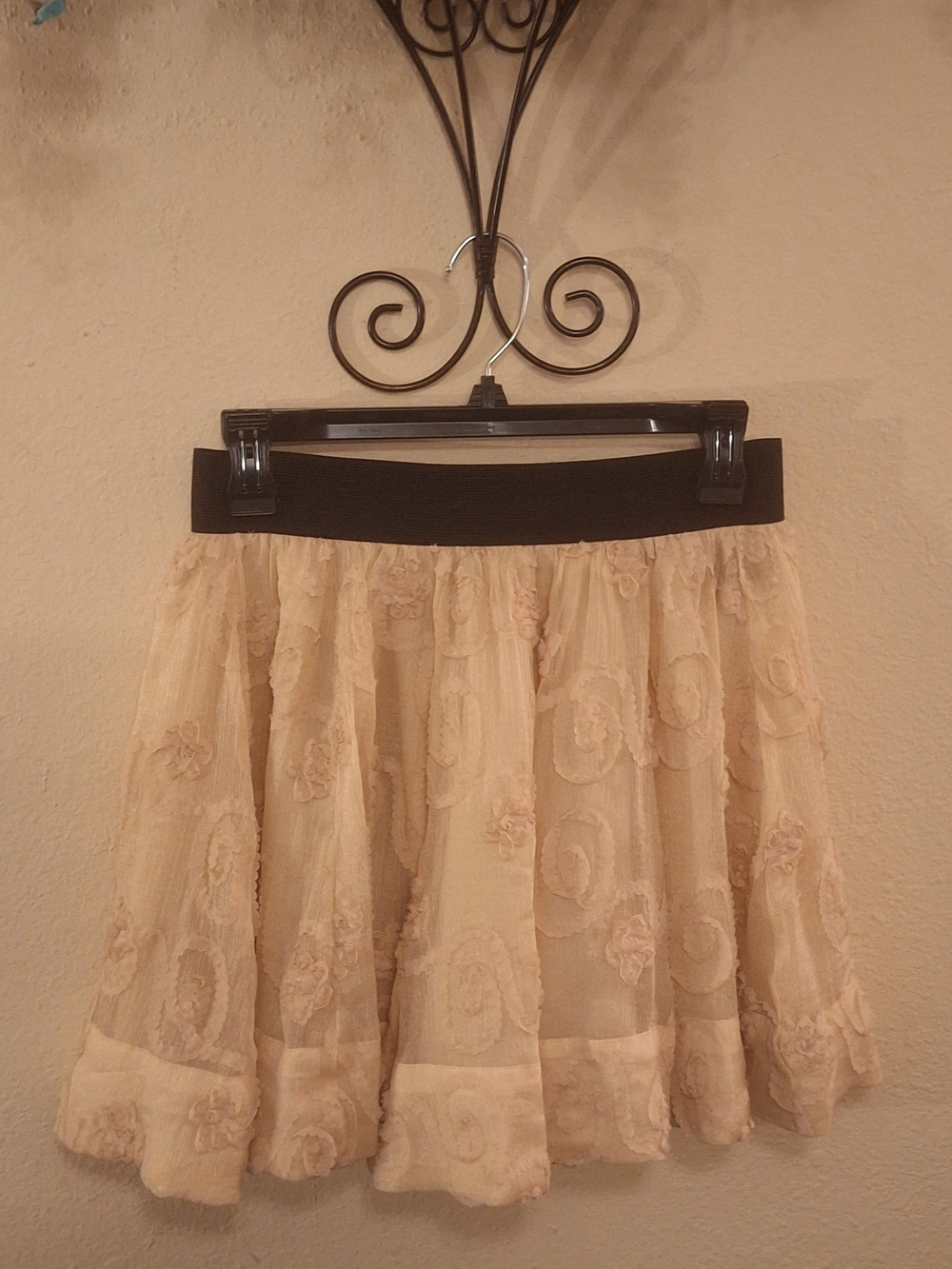 NEX Theme Beige Lace Skater Skirt with Black Waistband. Size Medium